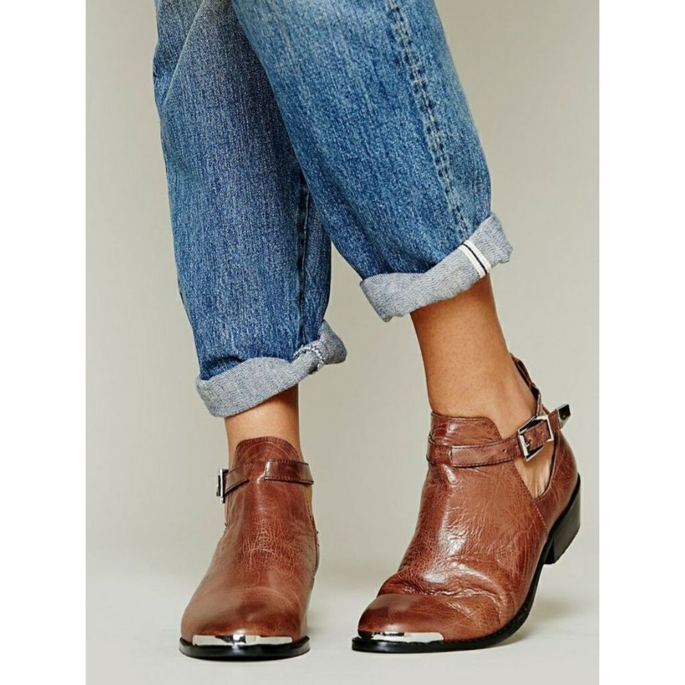 Sol Sana Jardin Leather Brown Ankle Booties Silver Toe Accent US Size 7.5 EUC
